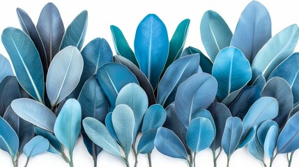 Poster - Row of blue leaves with a white background. The leaves are arranged in a way that creates a sense of depth and movement. The blue color of the leaves gives a calming and serene feeling to the image