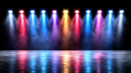 Aufkleber - Series of lights are lit up in a dark room. The lights are in a rainbow of colors, creating a vibrant and energetic atmosphere. The lights are arranged in a row