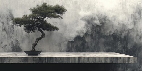 Leinwandbilder - Small potted tree is on a ledge in front of a wall. The tree is surrounded by a grey and white background, which gives the image a calm and serene atmosphere