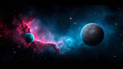 Poster - Space scene with two planets and a cloud of red and blue. The planets are in the foreground and the cloud is in the background