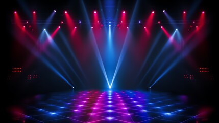 Leinwandbilder - Stage with a blue and red floor and multiple lights shining on it. The stage is empty and the lights are on, creating a vibrant and energetic atmosphere