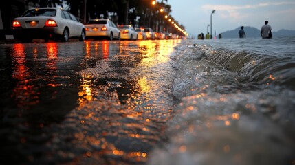 Fototapete - Street with cars and people walking in the rain. The water is rising and the street is flooded