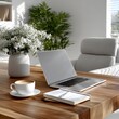 © SECOND - Light-filled, modern workspace with laptop, coffee, and flowers on a wooden table