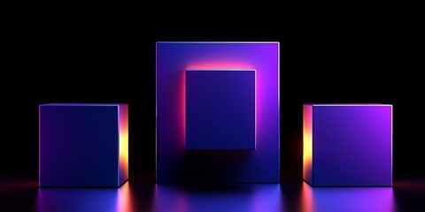 Poster - Three cubes are lit up in purple and yellow. The cubes are arranged in a row, with the middle cube being the tallest. The cubes are illuminated, creating a sense of depth and dimension