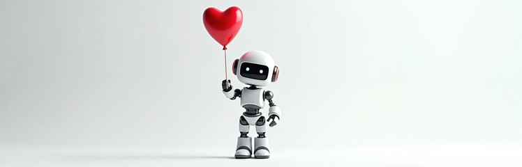 Charming robot figure holds heart-shaped balloon. White background suggests Valentine Day, technology themes. Robotic android conveys love, future AI, tech. Gift idea, romance.