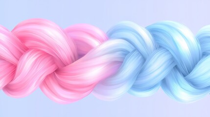 Leinwandbilder - Two strands of hair are braided together, one pink and one blue. The pink strand is curled and twisted, while the blue strand is straight and smooth. The overall effect is a playful