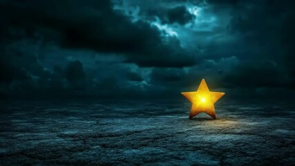 Wall Mural - a star is floating in the ocean. the water is dark blue. the sky is cloudy. the star is shining brig