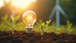 © Maryna - Conceptual photo energy price increase. Bulb shines above sprouts in soil. Wind turbines in background represent renewable resources. Sustainable alternatives combat challenges. Eco innovation future.