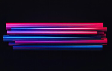 Wall Mural - Metallic Cylinders Stacked with Pink Blue Gradient on Black Background, Smooth Glossy Design