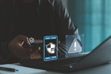 Aufkleber - Cyber crime and cyber security alert warning concept. Hand using smartphone and laptop with two-step verification, multi-factor authentication, information security and encryption. cybersecurity.