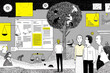 © andreo - professional web lecture cover titled Assessment Goals and Control Elements in Course Design simple shapes black and white doodles yellow highlights charts