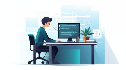 A person sitting at a desk working on a computer with code on the screen and a plant nearby it
