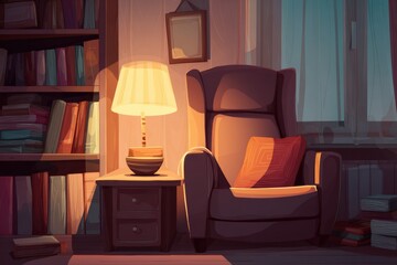 Fototapete - Cozy Reading Nook With Warm Lamp Illuminating an Inviting Armchair in a Peaceful Indoor Setting at Night