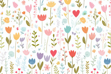 Wall Mural - delicate floral seamless pattern � hand-drawn spring flowers and hearts for baby fabric and wallpape
