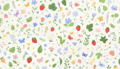 Wall Mural - vintage hand-drawn spring florals � romantic wildflowers, strawberries and butterflies pattern for w