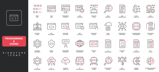 Programming and coding, program code and software, application development line icon set. Develop web interface, cybersecurity and data encryption thin black and red outline symbol vector illustration