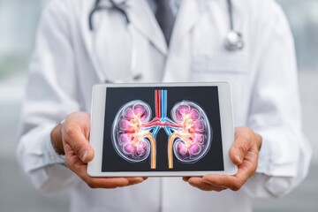 Poster - Medical Professional Presents Kidney Diagram on Tablet for Educational Purposes in Clinical Setting