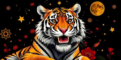 Wall Mural - Playful tiger with celestial details in boho style, black, red, white, yellow palette,  fantasy,  animal