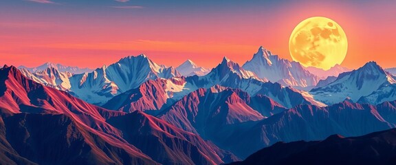 Wall Mural - Surreal vibrant mountain range, sun, moon, abstract landscape, vibrant, digital