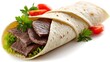 © MDHARAN - Delicious beef wrap featuring lettuce parsley and fresh tomato garnishes on a white background
