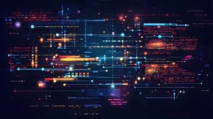 Complex digital network graphic with glowing lines and data.