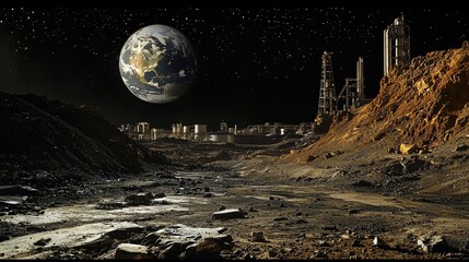 Wall Mural - a breathtaking view of an industry with an earth rising in the background, against a deep black sky,