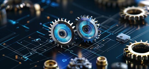 Wall Mural - futuristic gearing mechanism close up of advanced technology cogwheels on circuit board