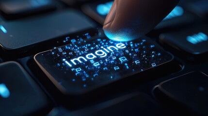 A mechanical index finger on the Enter key, with the fingertip glowing, The background is a black keyboardï¼Œthe Enter key featuring glowing text 