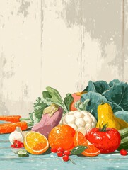 Poster - Seasonal Fruits and Vegetables Displayed on a Rustic Kitchen Counter in a Cozy, Inviting Atmosphere