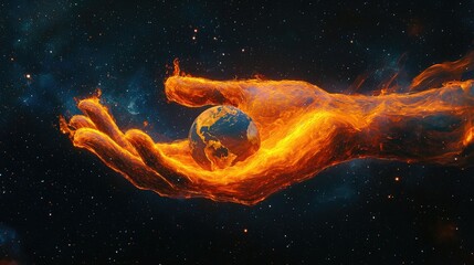 Wall Mural - concept art of a giant cosmic hand made of swirling smoke and molten lava, holding a glowing earth, 