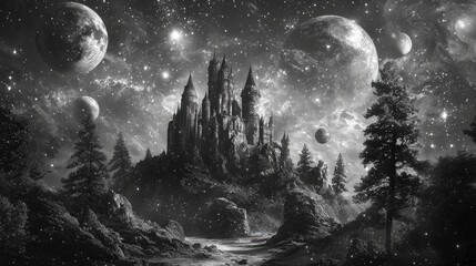 Wall Mural - cosmic enchanted castle, black and white, fantasy trees surrounded by planets.