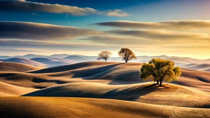 Wall Mural - golden hour illuminates rolling hills and solitary trees in a vast landscape.
