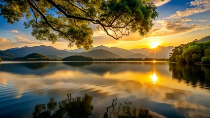 Wall Mural - golden hour serenity a tranquil lakeside sunset retreat