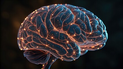 Fototapete - Glowing Brain Map with Threads Showcasing Neural Connections