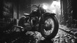 © LuvTK - A cinematic pencil sketch of a 1940s motorcycle parked beneath a streetlamp in a shadowed cobblestone alley, fog softly blurring the distance. Created Using: noir-inspired graphite tone,