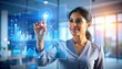 © Nopadon - A businesswoman interacts with a futuristic digital interface displaying analytic charts and data in a modern office setting.