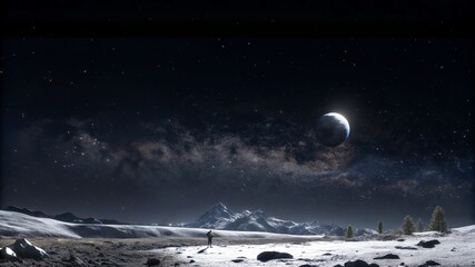 Wall Mural - The foreground features a rugged, dark ground covered with snow or ice, leading up to snow-capped mountains in the midground.