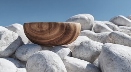 Wall Mural - A smoothly-hewn, dark-brown wooden bowl rests delicately atop a pile of pale, smooth stones against a clear blue sky