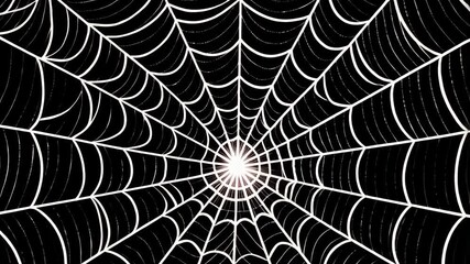 White abstract spider web on black background with a radiating perspective and intricate lines, creating a sense of depth and geometric design.