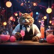 © MrQuadcity - Cat Bartender 3D Render: Whimsical Speakeasy, Glowing Cocktails, Yarn Balls