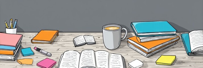 Aufkleber - Study Desk Setup With Textbooks, Sticky Notes, and Coffee Cup for Effective Learning Environment
