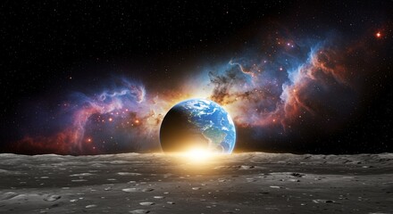 Wall Mural - surreal view of earthrise from the moon's surface, enhanced with colorful nebulae