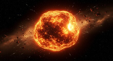Wall Mural - close-up of a glowing asteroid surrounded by dust and light trails