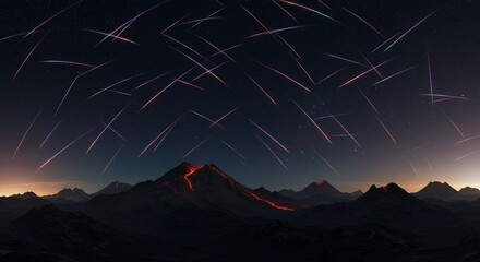 Wall Mural - meteor shower above a dark, mountainous alien landscape