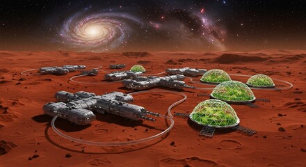 Wall Mural - futuristic colony on mars under a star-filled sky with visible galaxies