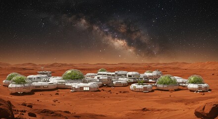 Wall Mural - futuristic colony on mars under a star-filled sky with visible galaxies