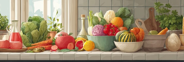 Poster - Fresh Harvest of Seasonal Fruits and Vegetables on Rustic Kitchen Counter With Plenty of Natural Light