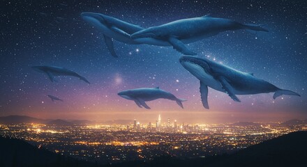 Wall Mural - a dreamy scene of whales swimming through a starlit sky above a city
