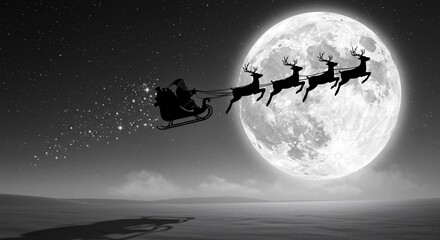 Wall Mural - santa claus silhouette flying across a full moon-lit sky