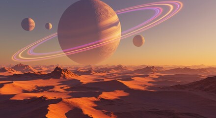 Wall Mural - fantasy planet with rings and moons hovering over an alien desert landscape